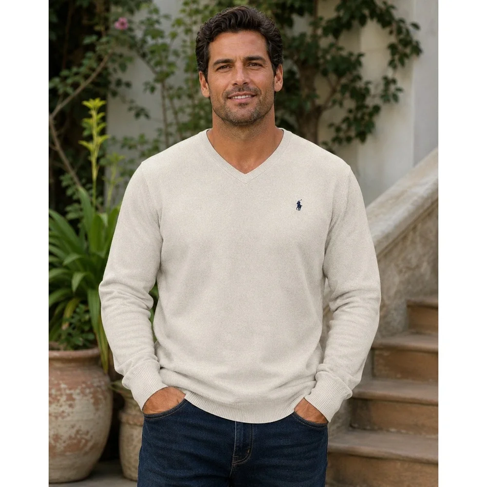 Polo Ralph Lauren Sweater Mens XL Beige Pima Cotton V-Neck Long Sleeve Heather